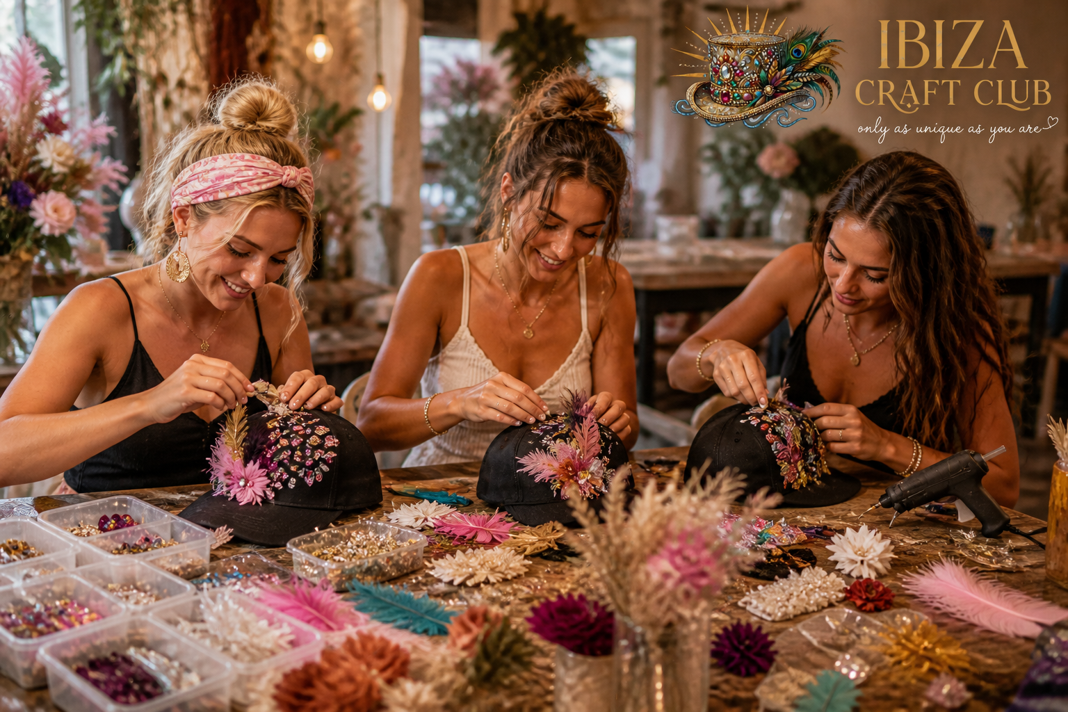Three girls making decorated black baseball caps in a cafe