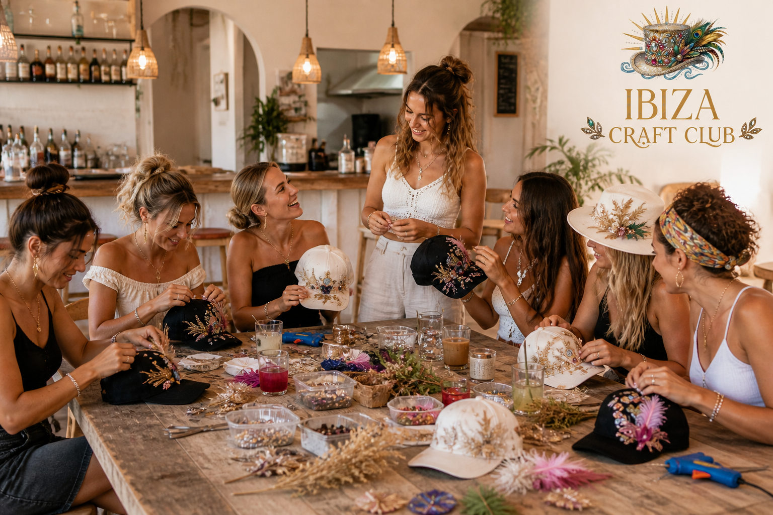 Seven girls decorating hats at a cafe craft table